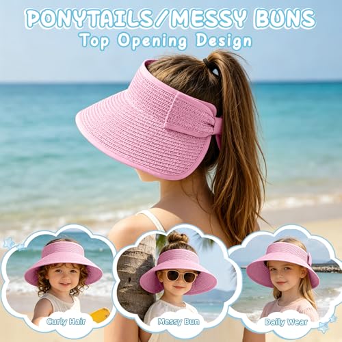 Girls Sun Visor Hat with Ponytail Hole Wide Brim Beach Straw Visor UPF 50+ - color: 1pack-pink