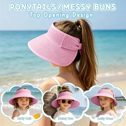Girls Sun Visor Hat with Ponytail Hole Wide Brim Beach Straw Visor UPF 50+ - color: 1pack-pink