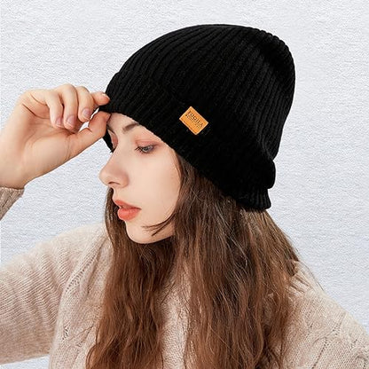 100% Merino Wool Cuff Beanie Hat, Unisex Warm Winter Caps Soft, Breathable & Cozy Stretchy Knitted Cuffed Cap - color: Black
