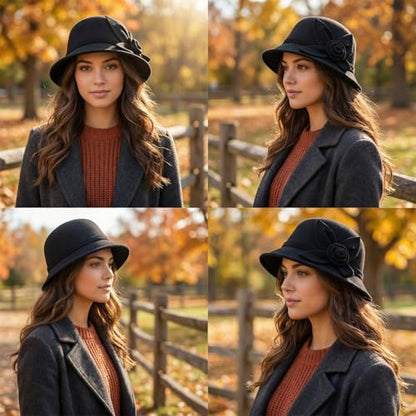 Woolen Cloche Hat for Women, Flower Winter Warm Bucket Cap - color: Black