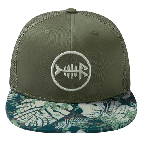 BASSDASH Flat Brim Trucker Cap Adjustable Snapback Hat Mesh Back for Men Women - color: Moss Green/Tropical Plant