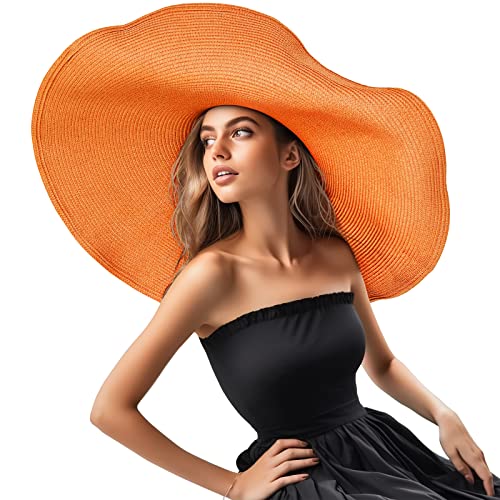 Oversized Beach Straw Hat for Women Fashion Large Wide Brim Visor Hats Summer Roll Up Floppy Sun Hat for Beach Cap Foldable - color: Orange