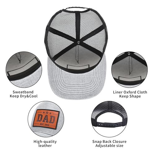 Dad EST.2026 Trucker Hat Baseball Cap for Men, Leather Patch Unique Dad Gifts Perfect Fathers Day Birthday Christmas - color: Grey