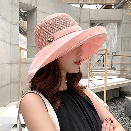 Women Wide Brim Sun Hats Metal Wired Edge Summer UV Protection Beach Fishing Hat for Hiking Garden Travel Chin Strap - color: B3-fyu001-pink, size: One Size