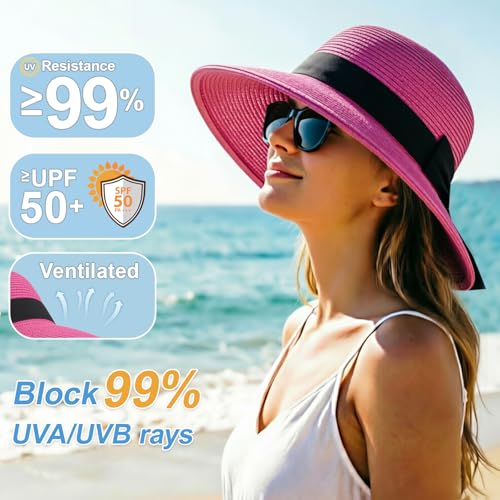 DRESHOW Sun Hats for Women Travel Fedora Foldable Beach Sun Hat Summer Wide Brim Straw Bucket Hat with Bowknot UPF 50+ - color: 1 Pack With Bowknot: Fuchsia With Black Band