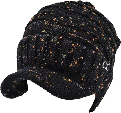 C.C Trendy Warm Oversized Chunky Soft Oversized Ribbed Slouchy Knit Hat with Visor Brim - color: Black Confetti