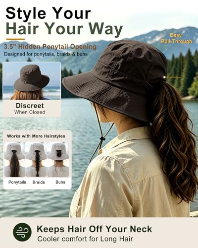 Womens Sun Hat Ponytail Packable UPF 50+ Waterproof Bucket Hat with Ponytail Hole for Beach Hiking Travel - color: Coffee
