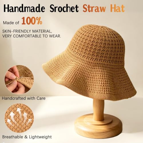 Sun Hats for Women Summer Straw Beach Hat UV Protection Floppy Wide Brim Travel Bucket Hat Foldable Packable - color: Khaki