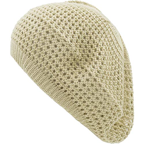 an Womens Lightweight Cut Out Knit Beanie Beret Cap Crochet Hat - Many Styles - color: Beige Open Knit