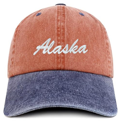 Trendy Apparel Shop Alaska State Embroidered Low Profile Adjustable Cotton Cap - color: Orange Navy