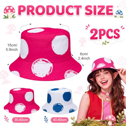 Newcotte 2 Pack Halloween Mushroom Bucket Hats Polka Dot Hats Reversible