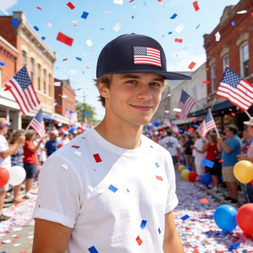 American Flag Baseball Cap, Flat Bill Brim Hat for Men Women, Patriotic Mesh Snapback Hats - color: Navy
