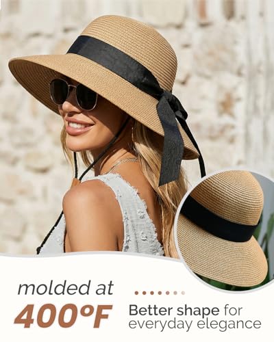 Womens Straw Beach Sun Hat, UV Protection UPF 50+, Lightweight Straw Bucket Hat, Summer Travel - color: Khaki-ribbon, size: Medium