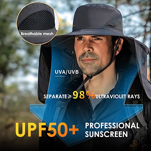 DOCVIT Fishing Hat for Men&Women,Outdoor UV Waterproof Wide Brim Bucket Hat,UPF50+ Sun Hat with Neck Flap - color: Dark Grey