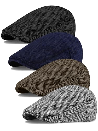 4 Pieces Men's Herringbone Flat Newsboy Hat Classic Newsboy Cap Trendy Flat Cap for Outdoor Daily Use - color: Black+grey, Black+white, Coffee, Navy, size: Medium