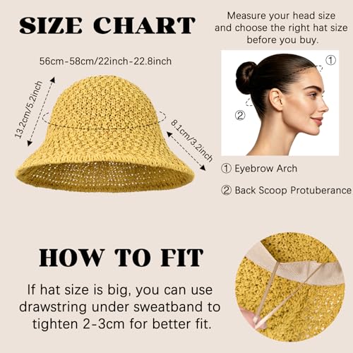 Sun Hat for Women Summer Straw Beach Hats Bucket Hat Floppy Crochet Hat - color: Yellow