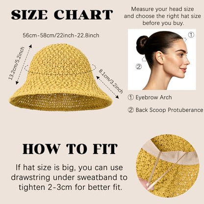 Sun Hat for Women Summer Straw Beach Hats Bucket Hat Floppy Crochet Hat - color: Yellow