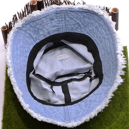 Cotton Denim Distressed Bucket Hat, Sun Hat, Hat for Men and Women - color: Blusa