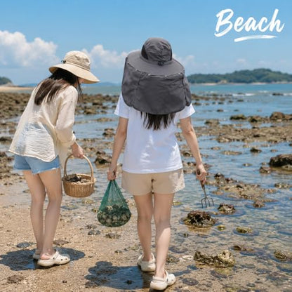 HUAMULAN Women Men Wide Brim Sun Hat Hiking Fishing Hats with Neck Flap - color: Yq005-darkgray