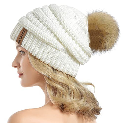 Women Knit Slouchy Beanie Chunky Baggy Hat with Faux Fur Pompom Winter Soft Warm Ski Cap - color: A4-white 2