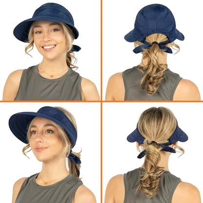 SUN CUBE Womens Sun Hat UV Protection Wide Brim Zip-Off Golf Visor - color: Navy