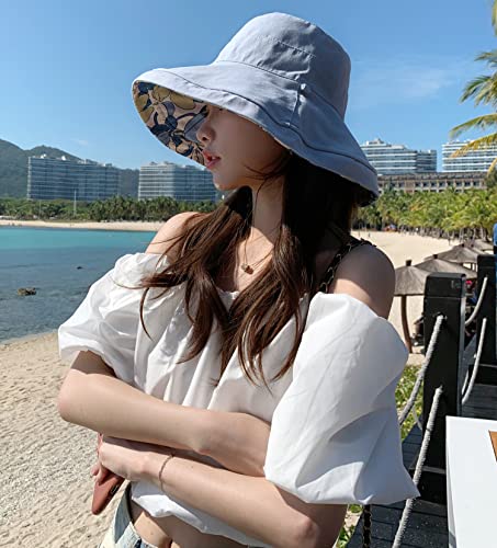 HUAMULAN Wide Brim Women Summer Sun Floppy Hat Reversible Beach Bucket Hat - color: M1744-lightblue