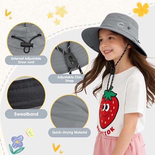 ZOORON Kids UPF 50+ Sun Hat for Boys Girls Wide Brim Lightweight Bucket Hat for Hiking Beach Safari, Quick Dry Adjustable - color: 1pack-light Gray