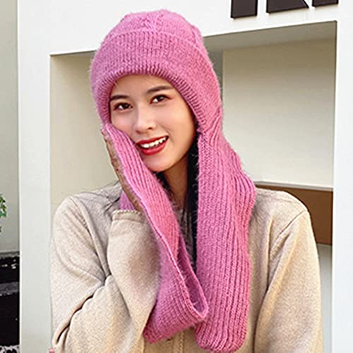 Winter Warm Elastic Soft Ear Protection Knitted Scarf Hat Fleece Lined Beanie Hat - color: H01-pink