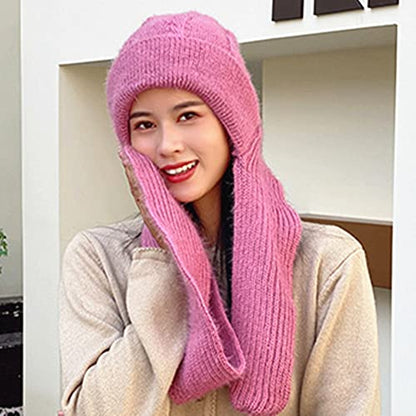 Winter Warm Elastic Soft Ear Protection Knitted Scarf Hat Fleece Lined Beanie Hat - color: H01-pink