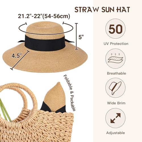 Beach Hat for Women, Wide Brim Sun Straw, UPF 50+ Foldable Floppy Sun Hat - color: A-khaki