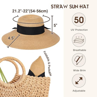 Beach Hat for Women, Wide Brim Sun Straw, UPF 50+ Foldable Floppy Sun Hat - color: A-khaki