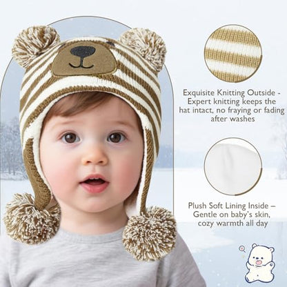Baby Winter Hat Toddler Beanie Warm Fleece Lined Earflap Cap with Pom Pom - color: O1pc Bear Coffee, size: 1-2T