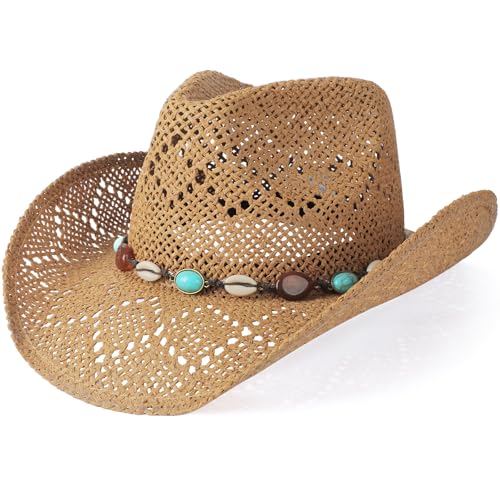 WQWOVRVO Cowboy Hat,Cowgirl Hat,Cowboy Hats for Women/Mens/Straw Wide with Shapeable Brim Western Cowboy Hat for Womens - color: Coffee Color