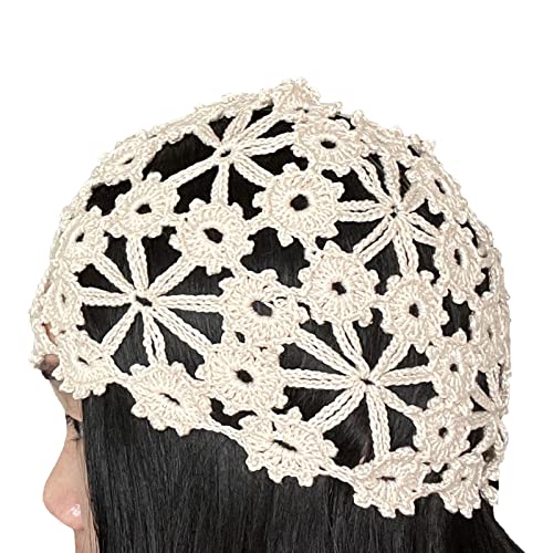 Women Lace Crochet Beanie Hat Handmade Knitted Cutout Floral Skull Cap - color: Beige