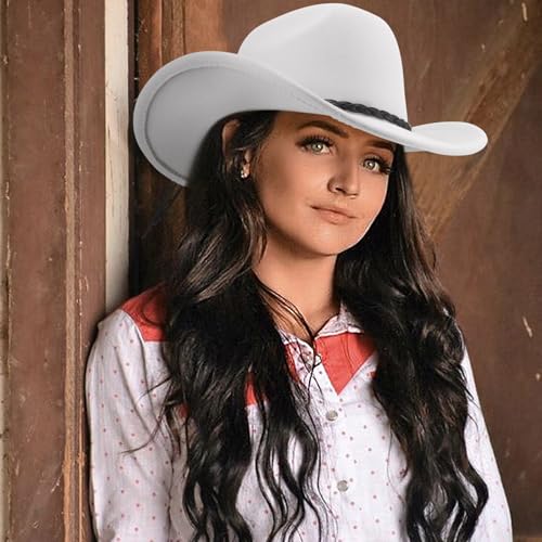 DRESHOW Western Cowboy Hat for Men Women Cowboy Cowgirl Hat Outdoor Wide Brim Retro Felt Fedora Hats Unisex Rolled up Caps - color: 1 Pack Style 8: White