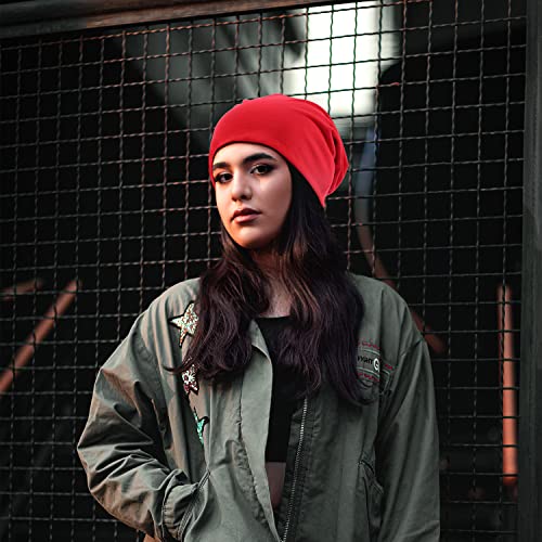 DOOVID Slouchy Beanie for Women Men Baggy Beanie Hats Casual Stretch Knit Hip-Hop Skull Caps - color: Red