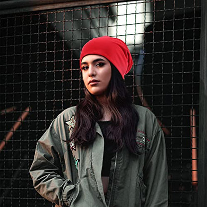 DOOVID Slouchy Beanie for Women Men Baggy Beanie Hats Casual Stretch Knit Hip-Hop Skull Caps - color: Red