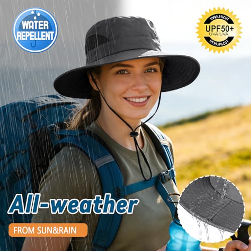 ZOORON Sun Hats for Men Women, Wide Brim Safari Hats UV Protection UPF50+ Waterproof Boonie Hats for Fishing Hiking Camping - color: With One Pair Cooling Sleeves-1pack-darkgray