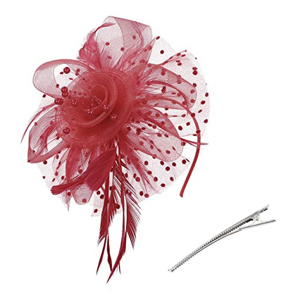 Century Star 2026 Kentucky Hat Derby Fascinator for Women Tea Party Flower Mesh Ribbons Feathers Headband Hair Clips - color: Red