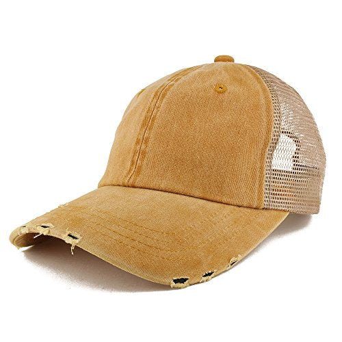 Trendy Apparel Shop Pigment Dyed Front Mesh Back Frayed Bill Trucker Cap - color: Gold