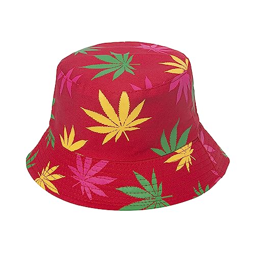 Punk Black Green Red Leaf Weed Fisherman Caps Bucket Hats Hip Hop Gorro Outdoor Men - color: Red Rainbow