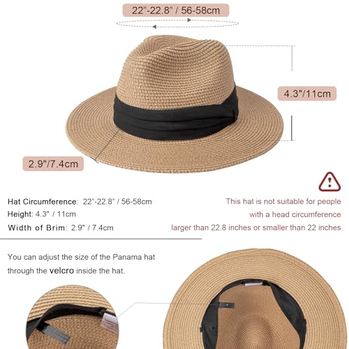 AQOKKA Summer Straw Fedora Hat for Women Men Travel Panama Hat with Wide Brim Roll Up Sun Hat for Beach Outdoor UPF 50+ - color: Khaki: 1 Pack