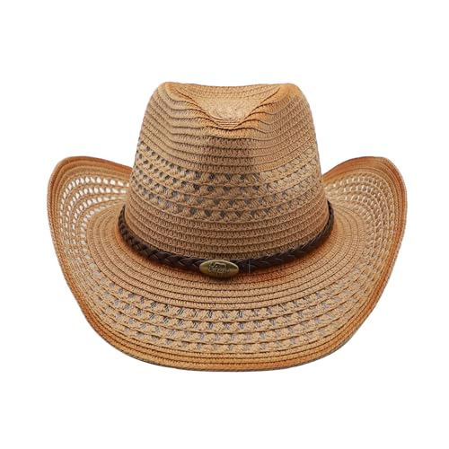 Straw Cowgirl Hat for Women Cowboy Hats for Men Wide Brim Sun Hat Shapeable Western Hat Beach Hat - color: Khaki-caramel