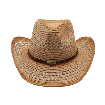 Straw Cowgirl Hat for Women Cowboy Hats for Men Wide Brim Sun Hat Shapeable Western Hat Beach Hat - color: Khaki-caramel