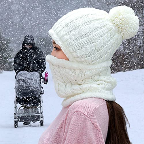HUAMULAN Women Winter Knit Beanie Hats One Piece Fleece Lined Balaclavas - color: Cream White