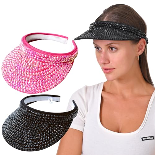 2 Pack Sparkly Rhinestone Clip on Visor Hats Women Men Sun Visors Hat Crystal Studded Shiny Sports Golf Beach Tennis Caps - color: Black-pink