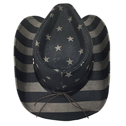grinderPUNCH Straw Cowboy Hat for Men Women Western Cowgirl Outback Sun Hat - color: Black and Grey