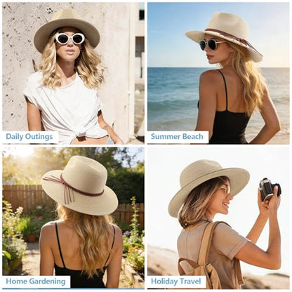 DRESHOW Women Straw Panama Hat Travel Fedora Beach Sun Hat Summer Wide Brim Straw Roll up Hat UPF 50+ - color: Straw Hat With Braided Band: Beige