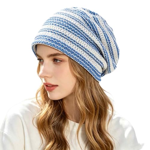 Women's Sparkly Lace Beanie Hat for Women, Lightweight Breathable Knit Skull Cap,Fashion Slouchy Beanie - color: Blue White 016