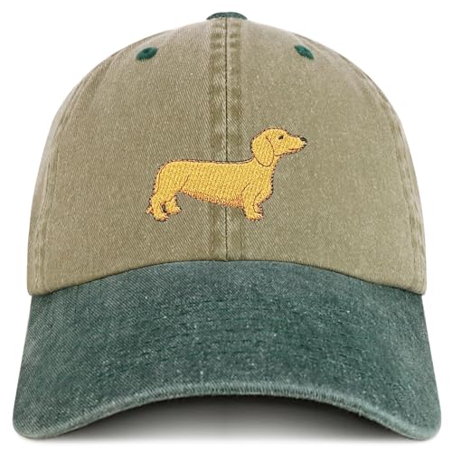 Trendy Apparel Shop Dachshund Embroidered Dog Theme Low Profile Dad Hat Cotton Cap - color: Khaki Dark Green